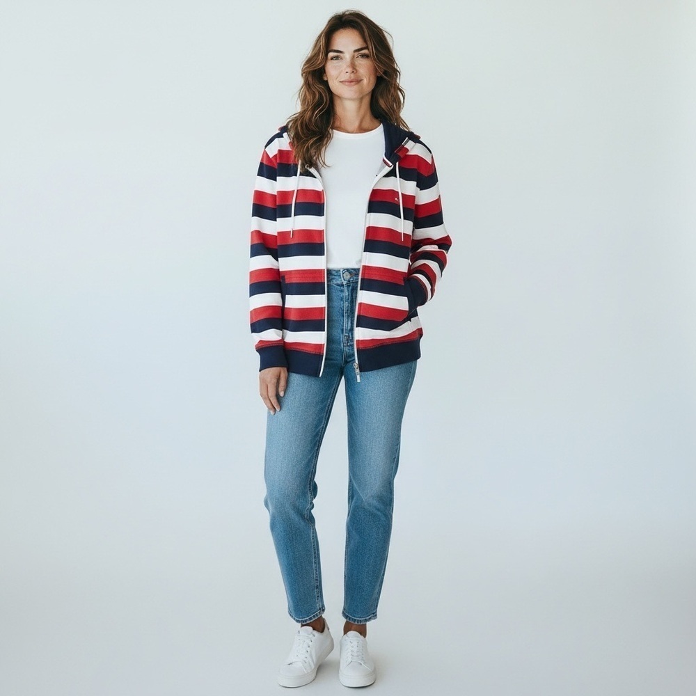 Tommy Hilfiger Red White Blue Stripe Zip Hoodie Classic Preppy Size Medium - Picture 16 of 16